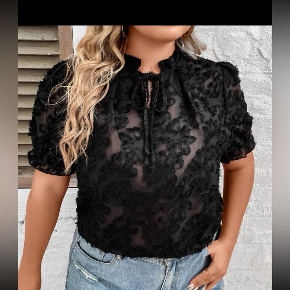 SHEIN Unity plus size tie, neck, puff sleeves, fuzzy blouse - Picture 4 of 5